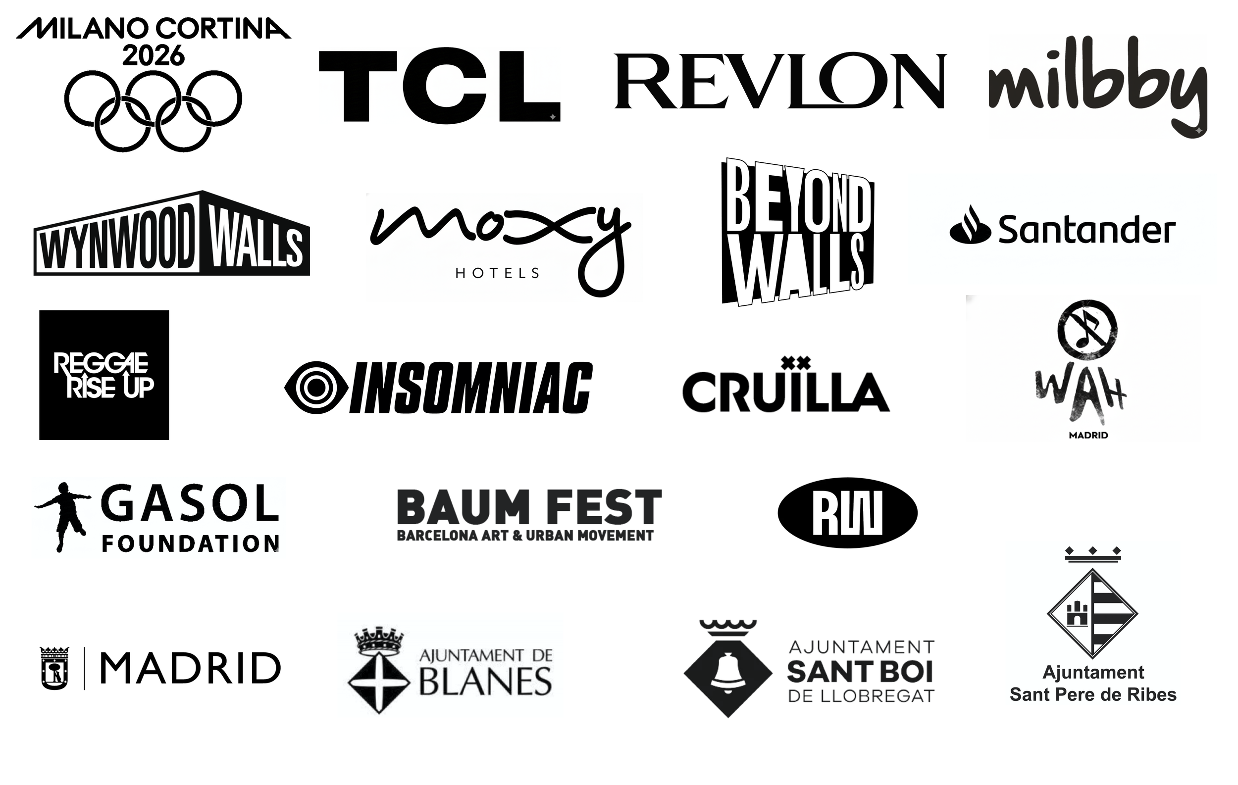 Portfolio of global brand collaborations with artist Bublegum. Featuring official projects for the Olympic rings, Milano Cortina 2026, TCL, Revlon, Milbby, Wynwood Walls, Moxy Hotels, Beyond Walls, Santander, Reggae Rise Up, Insomniac, Cruilla