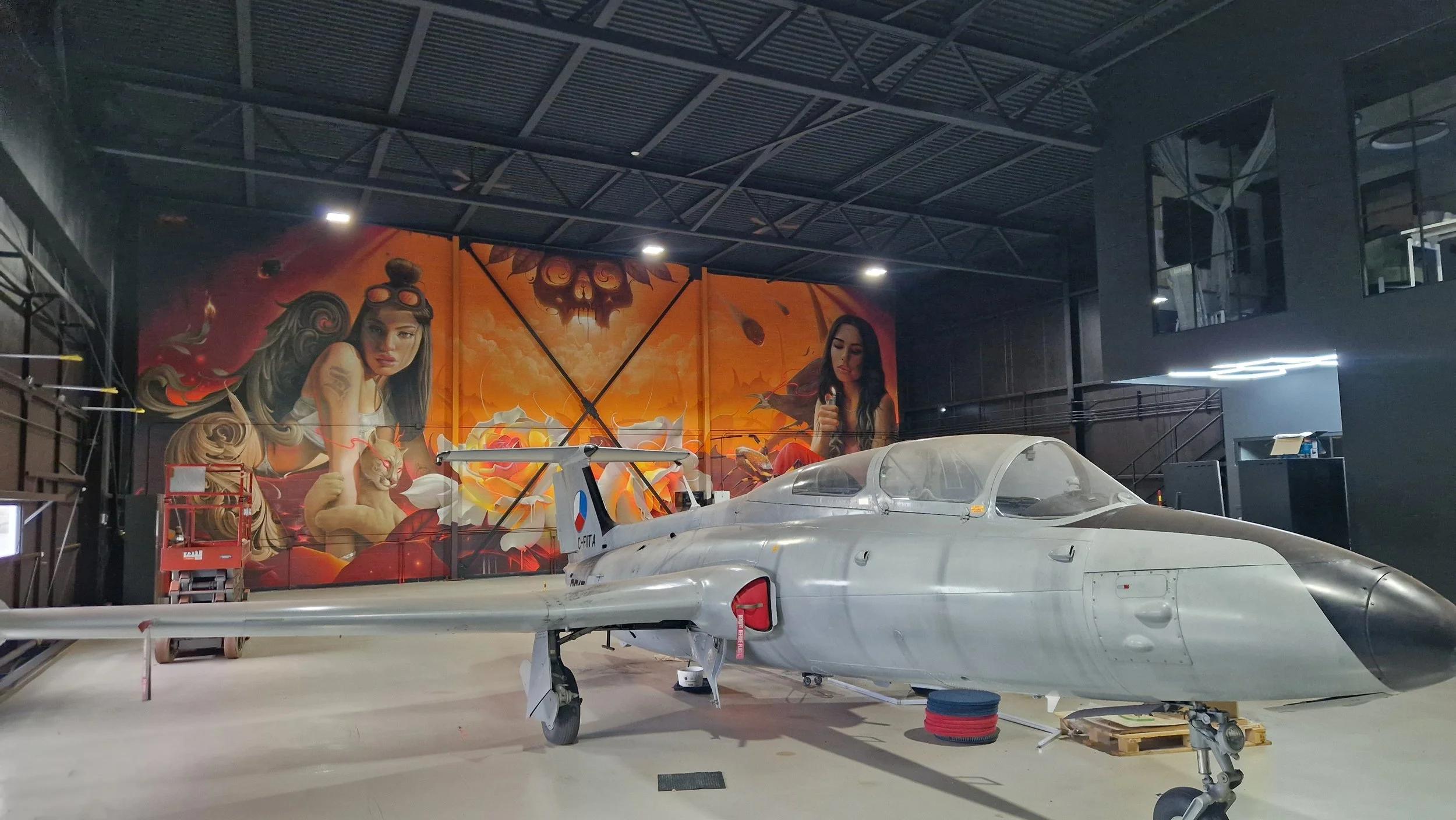 Exclusive large-scale mural by Bublegum (Tirso Paz) inside a private aircraft hangar. Custom ornamental art commission for luxury aviation, showcasing the artist’s ability to transform unique industrial spaces with world-class fine art.