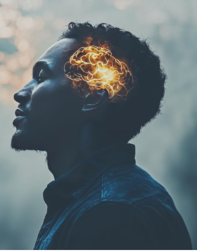 A side profile of a person with a digital glowing brain illustration overlayed on their head.