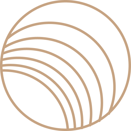 A stylized black and beige logo featuring a circular design with layered, curved lines.