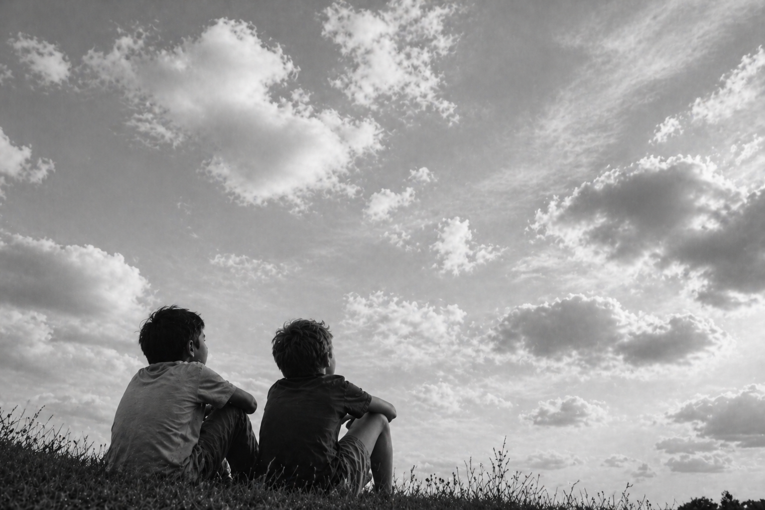Two children sitting on grass looking at the sky filled with clouds.