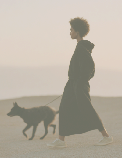 A person walking a dog on a beach at sunset