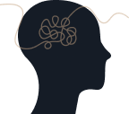 Silhouette of a human head with tangled lines representing complex thinking.