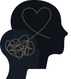 Profile silhouette of a woman with a tangled scribble inside her head and a heart-shaped line above