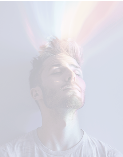 Young man with colorful light streaks above his head, eyes closed, appearing to enjoy a sensory experience.