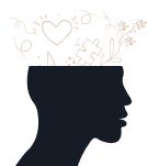 Silhouette of a person's head with a brain filled with various icons, hearts, and symbols representing ideas, emotions, and thoughts.