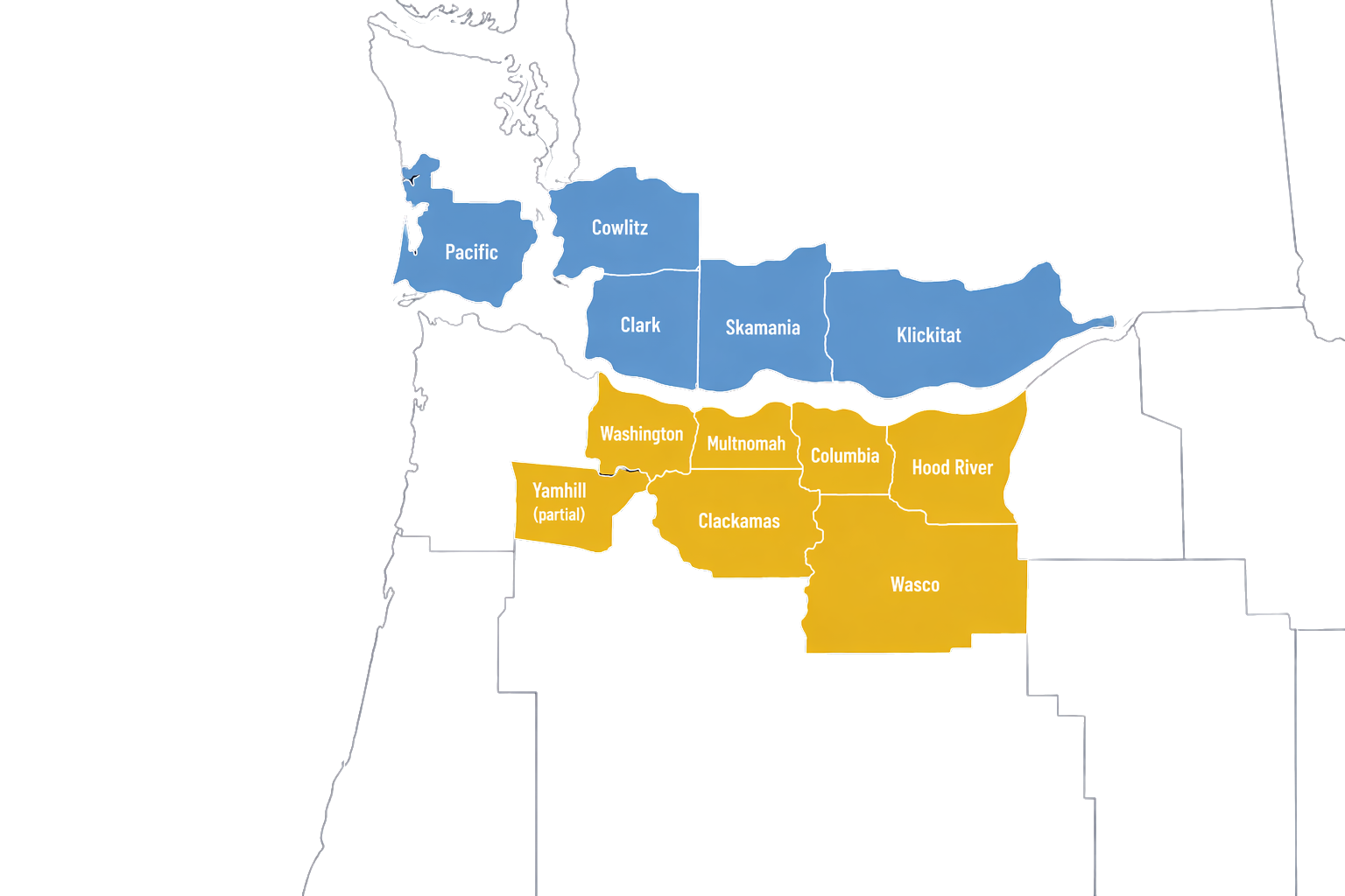 Map showing the counties in Western Washington, with counties in blue and yellow. Blue counties include Pacific, Cowlitz, Clark, Skamania, and Klickitat. Yellow counties include Washington, Multnomah, Columbia, Hood River, Yamhill (partial), Clackamas, and Wasco.