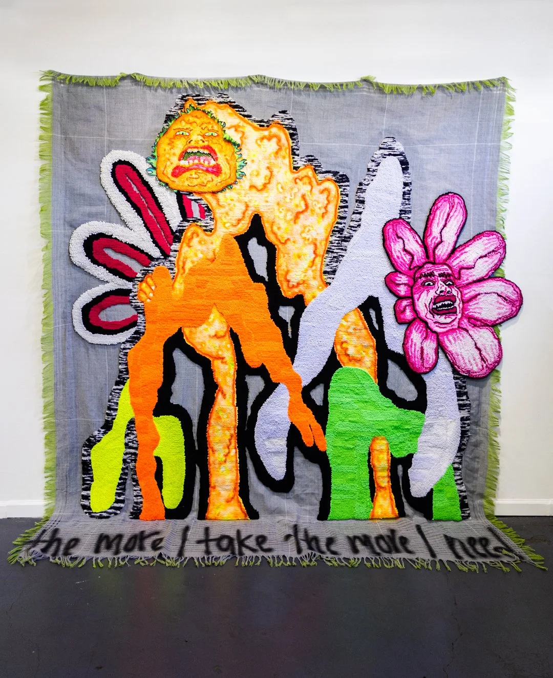 "Lure of Completeness". Reclaimed and new fabrics, mylar, resin, acrylic, spray paint. 110" H x 100" W x 21" D. 2024.