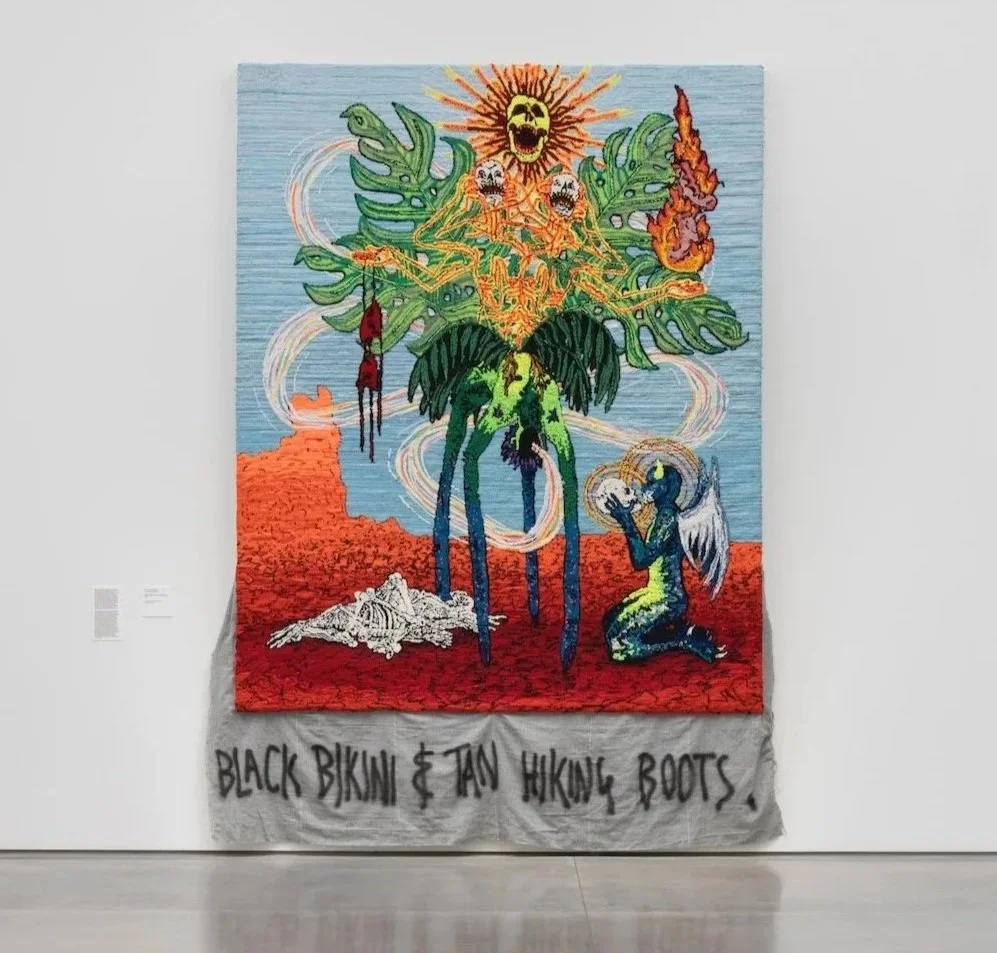 "Black Bikini And Tan Hiking Boots". Fabric, fabric dye, spray paint. 144" H x 120" W. 2020.
