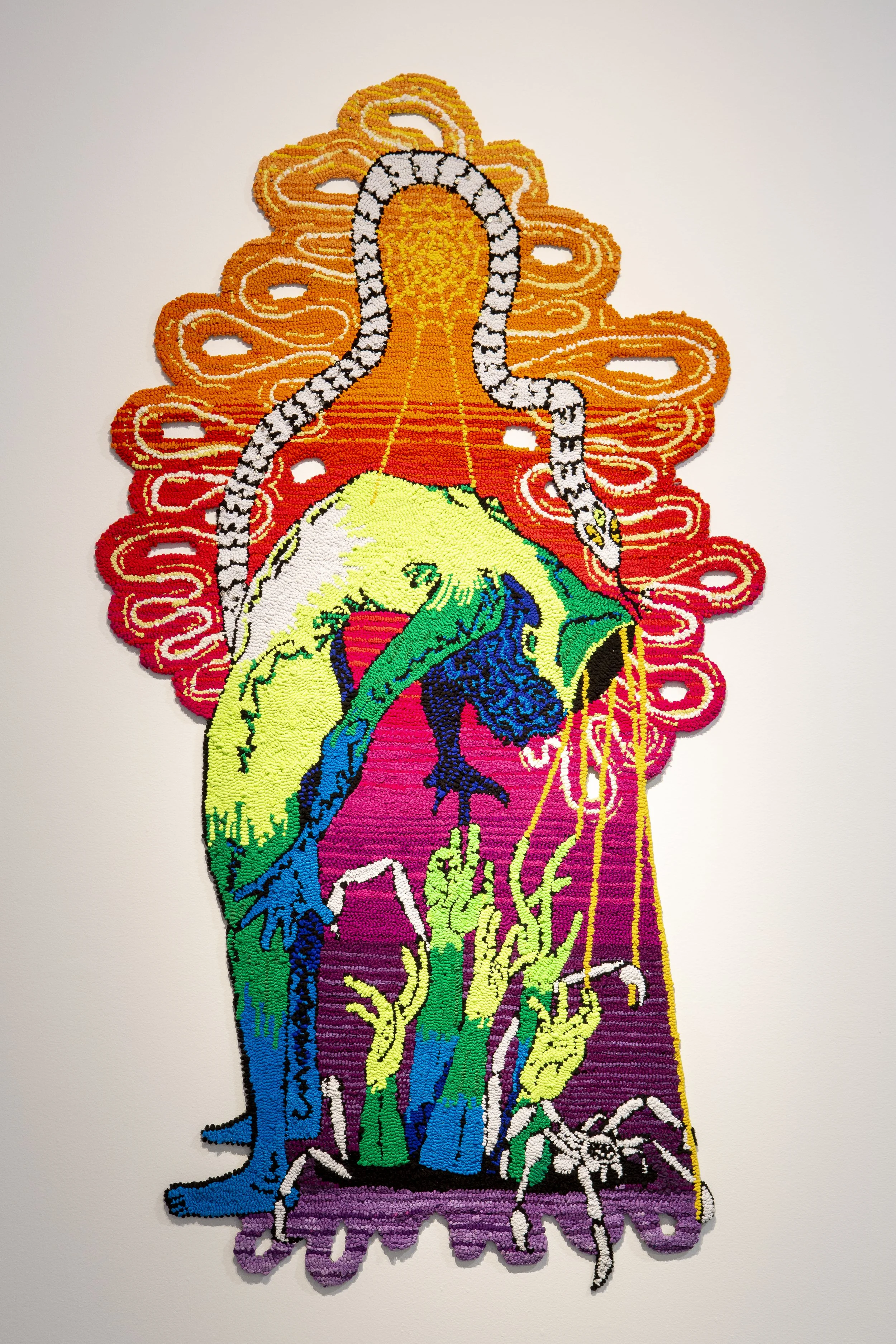 "Sim Ya". Fabric, fabric dyes, metal charms, latex. 84" H X 45" W. 2018.
