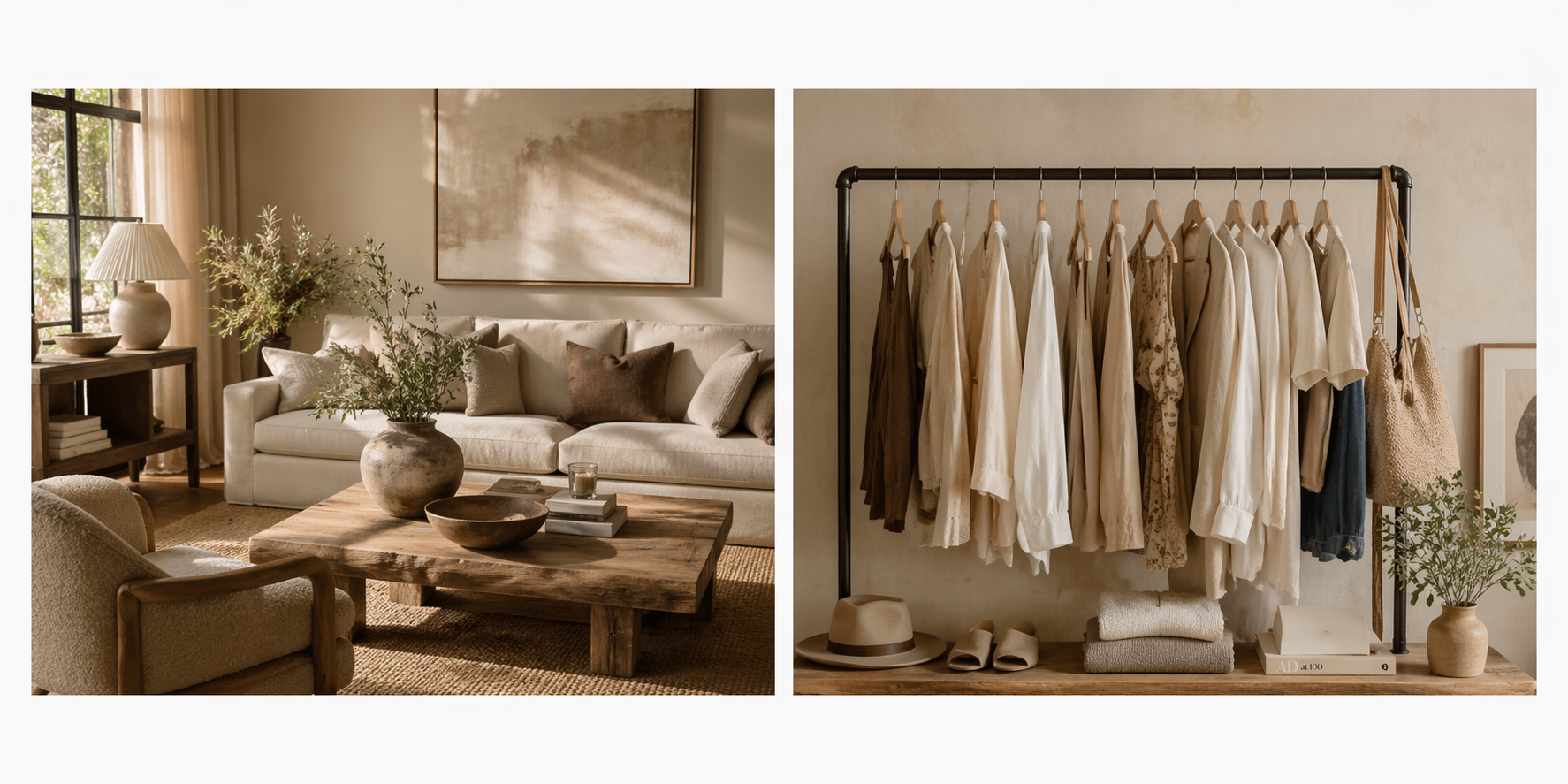 Split view of a cozy, well-decorated living room and a clothing rack with neutral-colored garments.