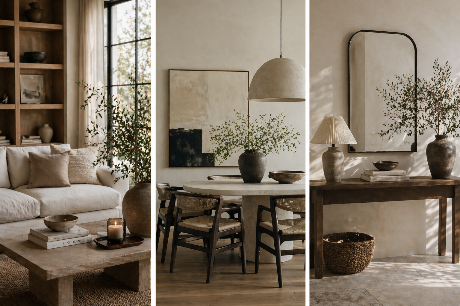 Interior design collage featuring a cozy living room, a dining area, and a hallway with rustic and minimalist decor, including vases, artwork, and natural elements.