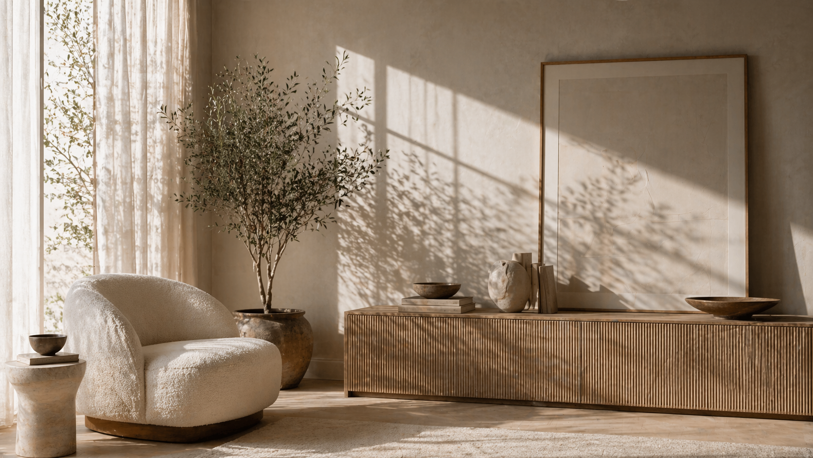 A light-colored living room with sunlight casting shadows through a large window with sheer curtains. There is a textured white armchair, a small side table, a tall potted plant, a wooden sideboard with decorative objects, and a large blank frame on the wall.