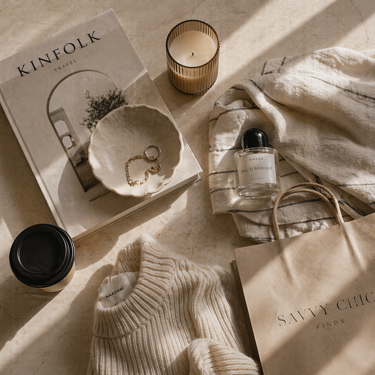 A flat lay arrangement of a magazine, a candle, a bottle of perfume, a jewelry dish with rings, a paper coffee cup, a cream-colored sweater, a paper bag, and a striped cloth, all placed on a beige surface with natural light shadows.