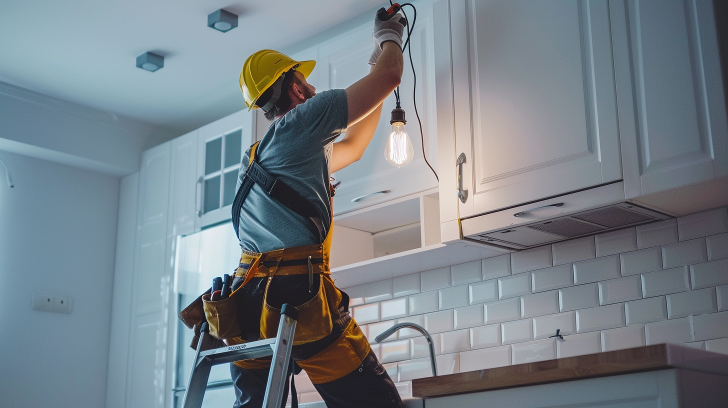 A handyman wearing a yellow hard hat and safety harness working on an electrical fixture in a kitchen, standing on a ladder.