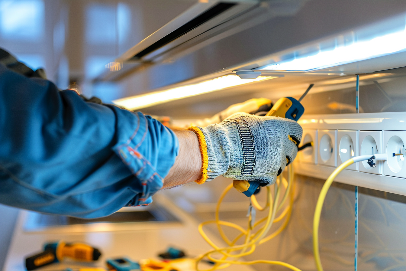 A person wearing gloves and a blue shirt working with electrical wires and tools near a power outlet and a power strip.