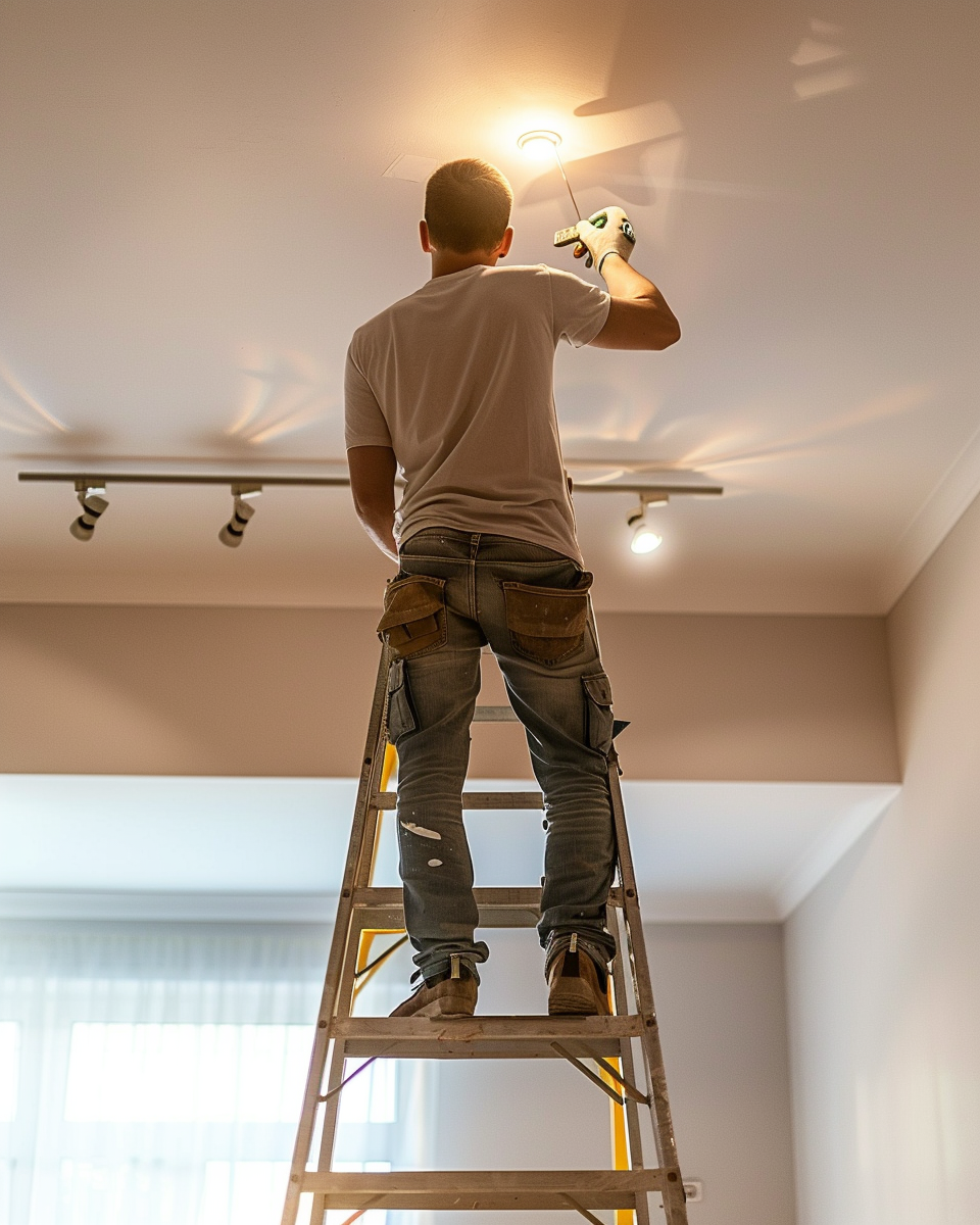 A man standing on a ladder installing a ceiling fan in a room.