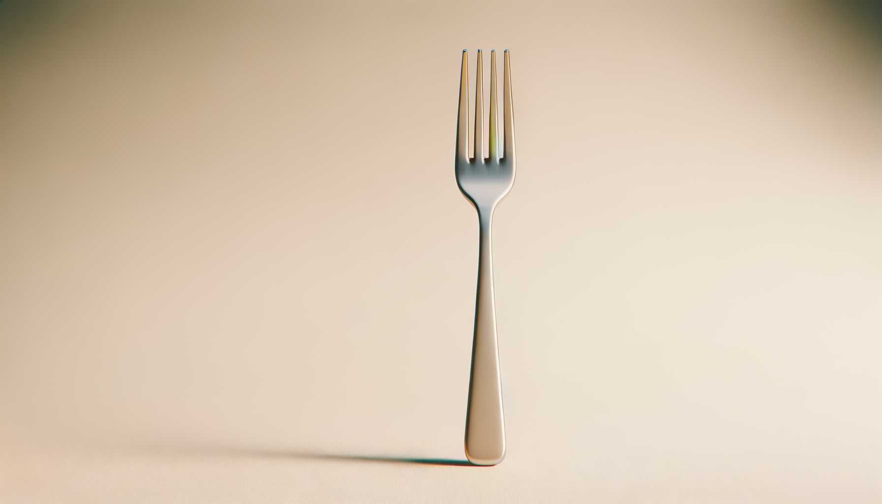 A silver fork standing upright on a neutral light beige background, casting a shadow on the surface.