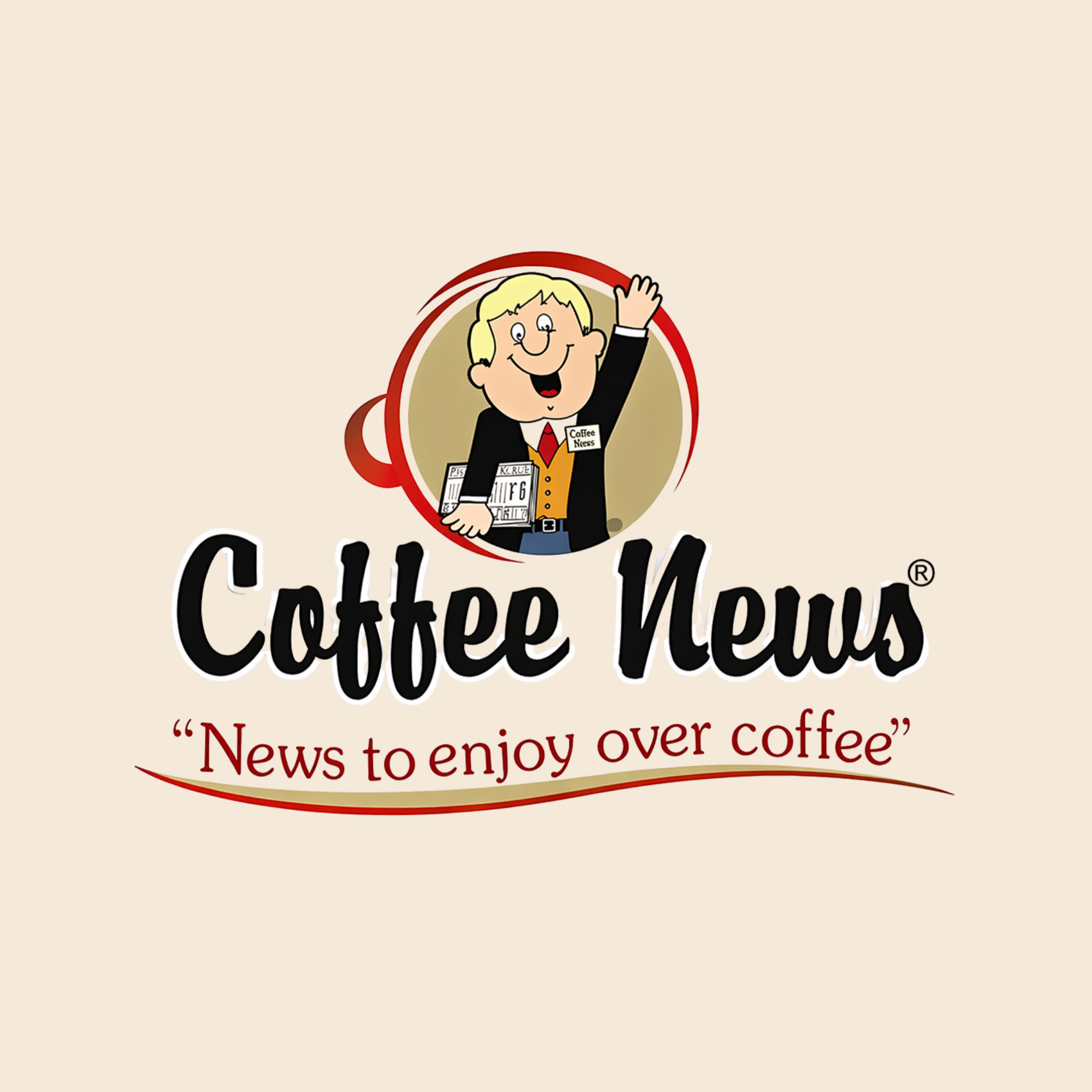 A cartoon character dressed as a news reporter inside a large coffee mug, with the text "Coffee News" below and a quote "News to enjoy over coffee."