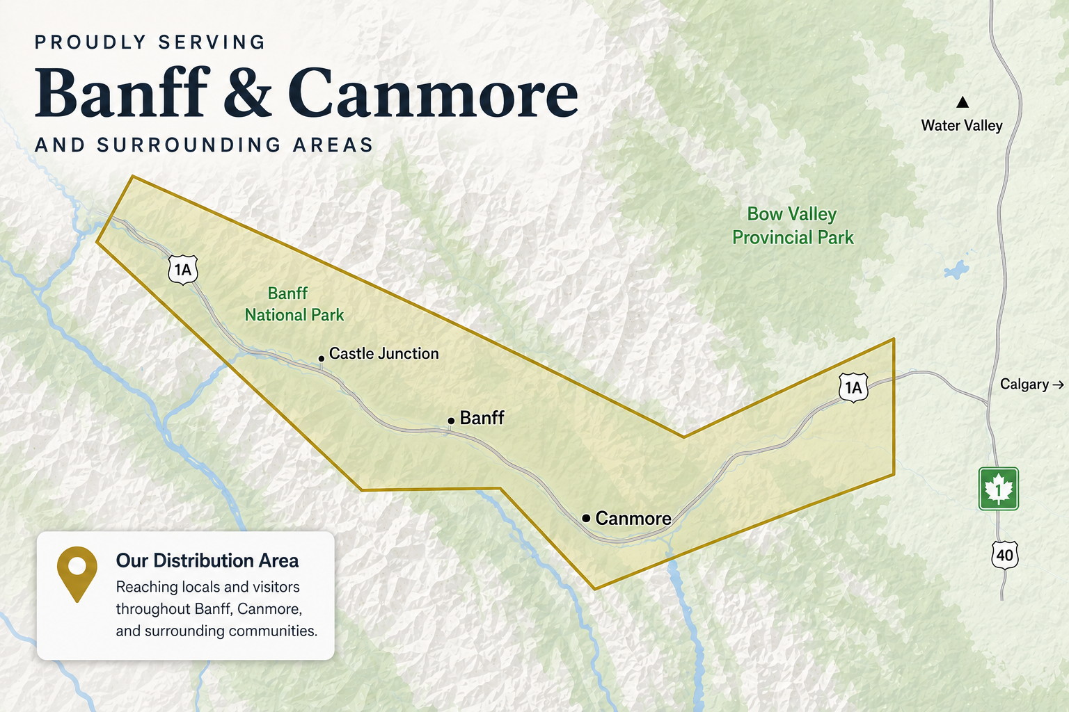 Map showing Banff National Park and surrounding areas, with a marked distribution zone encompassing Banff, Castle Junction, and Canmore, and also highlighting Bow Valley Provincial Park and Water Valley in the region.