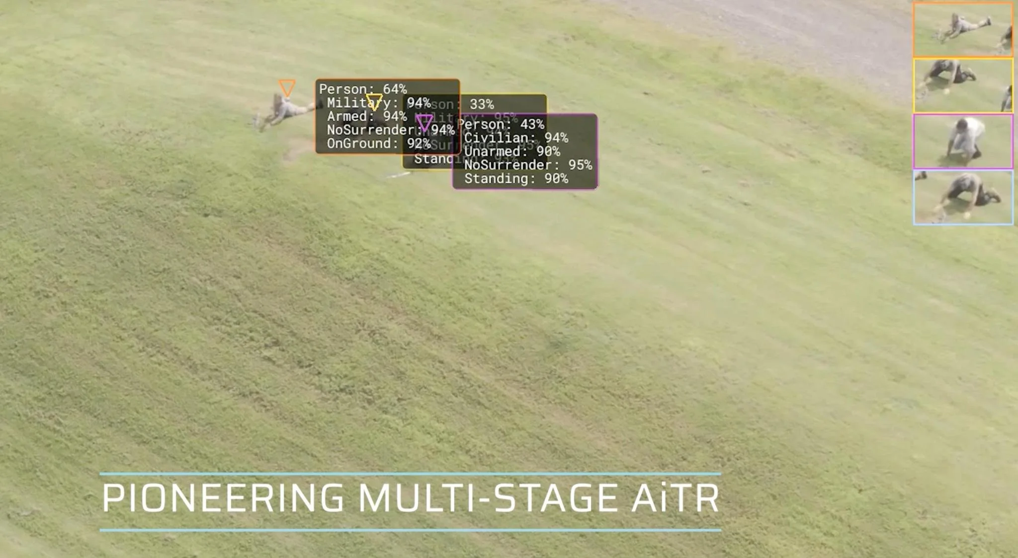 This is an aerial image of people lying on a field, with text fields showing the percentage that they are armed, civilians, etc.