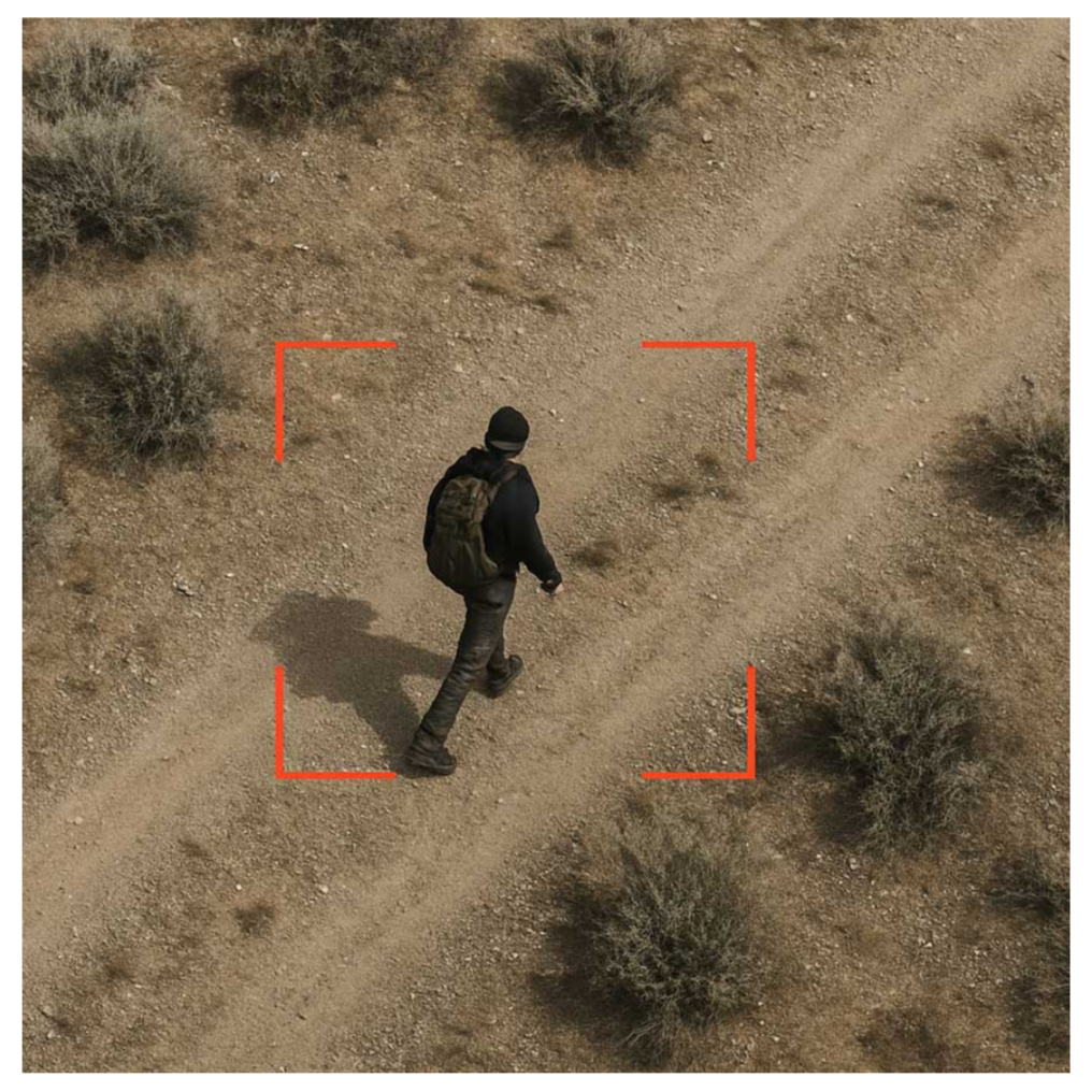This is an aerial image of a person dressed in black, walking, with red target-like brackets around them.