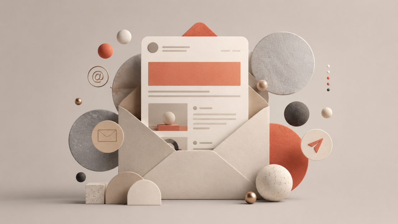 Digital art of a smartphone with social media icons and message bubbles emerging from an envelope, surrounded by abstract 3D shapes in neutral and pastel colors.