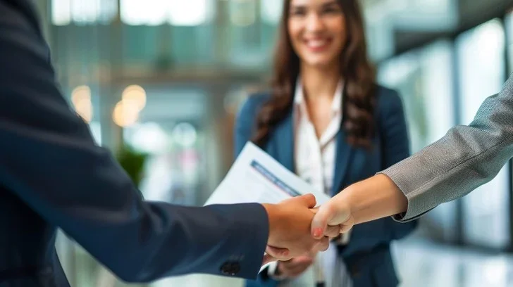 Two people shaking hands in a professional setting with a smiling woman holding documents in the background.