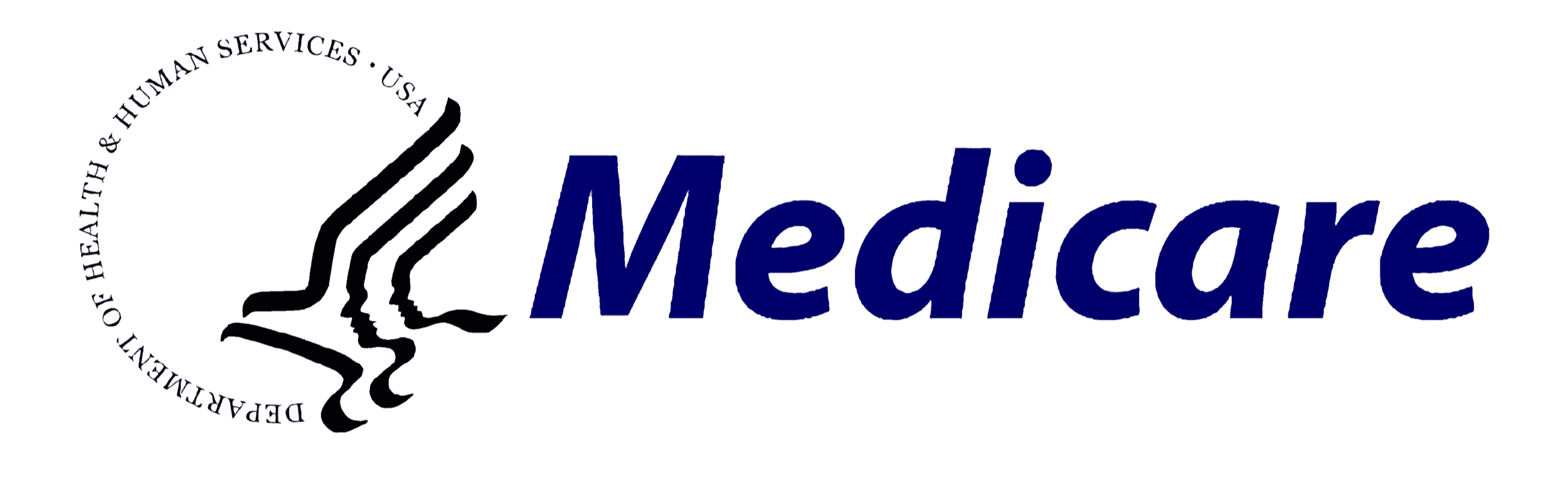 Logo for Medicare, featuring an icon of a caring hand and the text 'Medicare' in large blue letters, with a circular phrase around the icon that reads 'People here for human services, USA'.