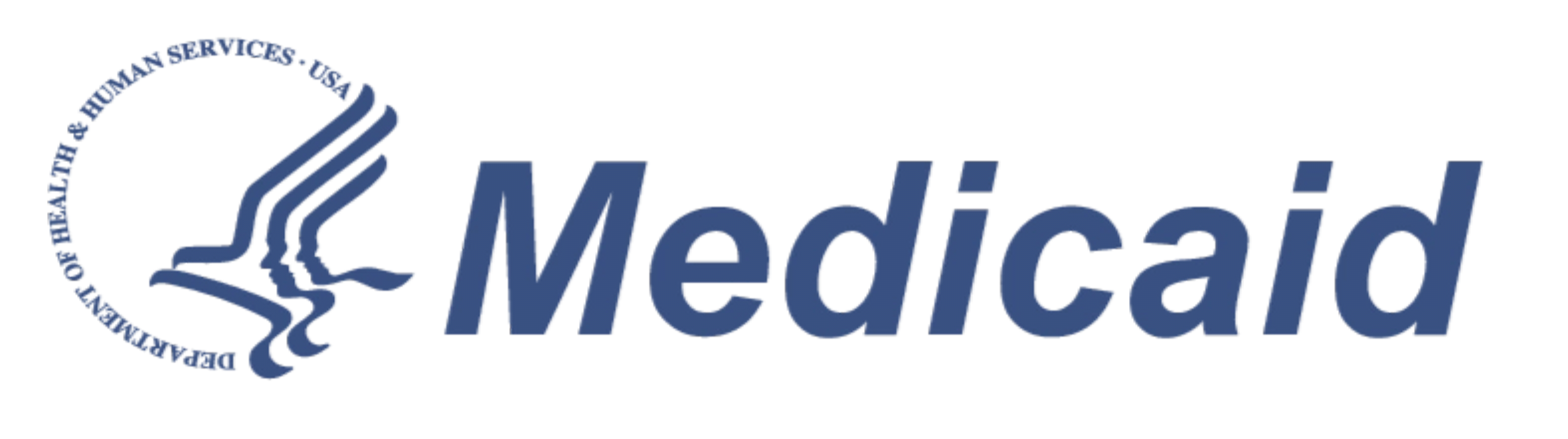 Medicaid logo featuring a stylized hand and a human face outline next to the word 'Medicaid' in blue text.