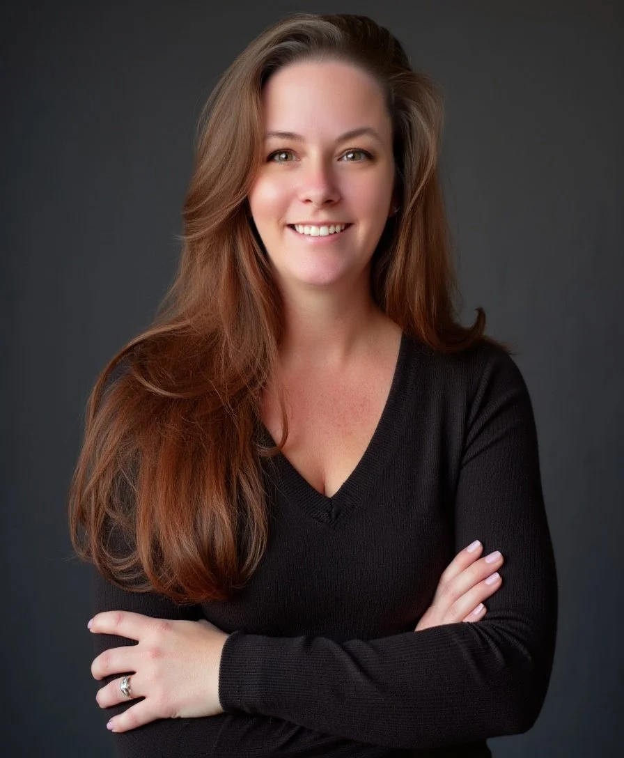A woman with long, wavy brown hair, smiling, wearing a black V-neck sweater, posing with her arms crossed against a dark gray background.