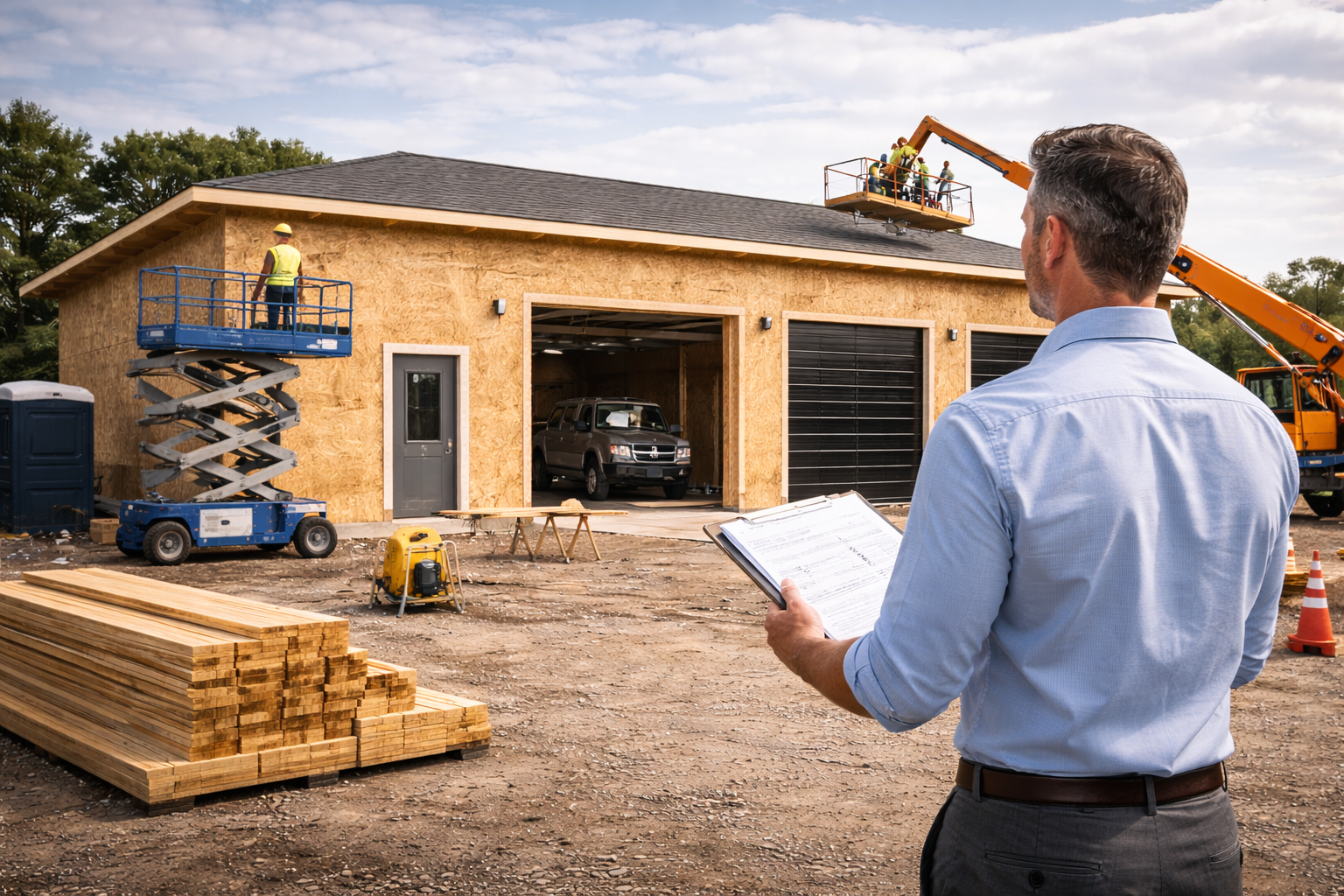 Construction site with workers building a wooden garage, supervisor observing, wooden planks in foreground, truck inside garage, construction equipment around, partly cloudy sky.