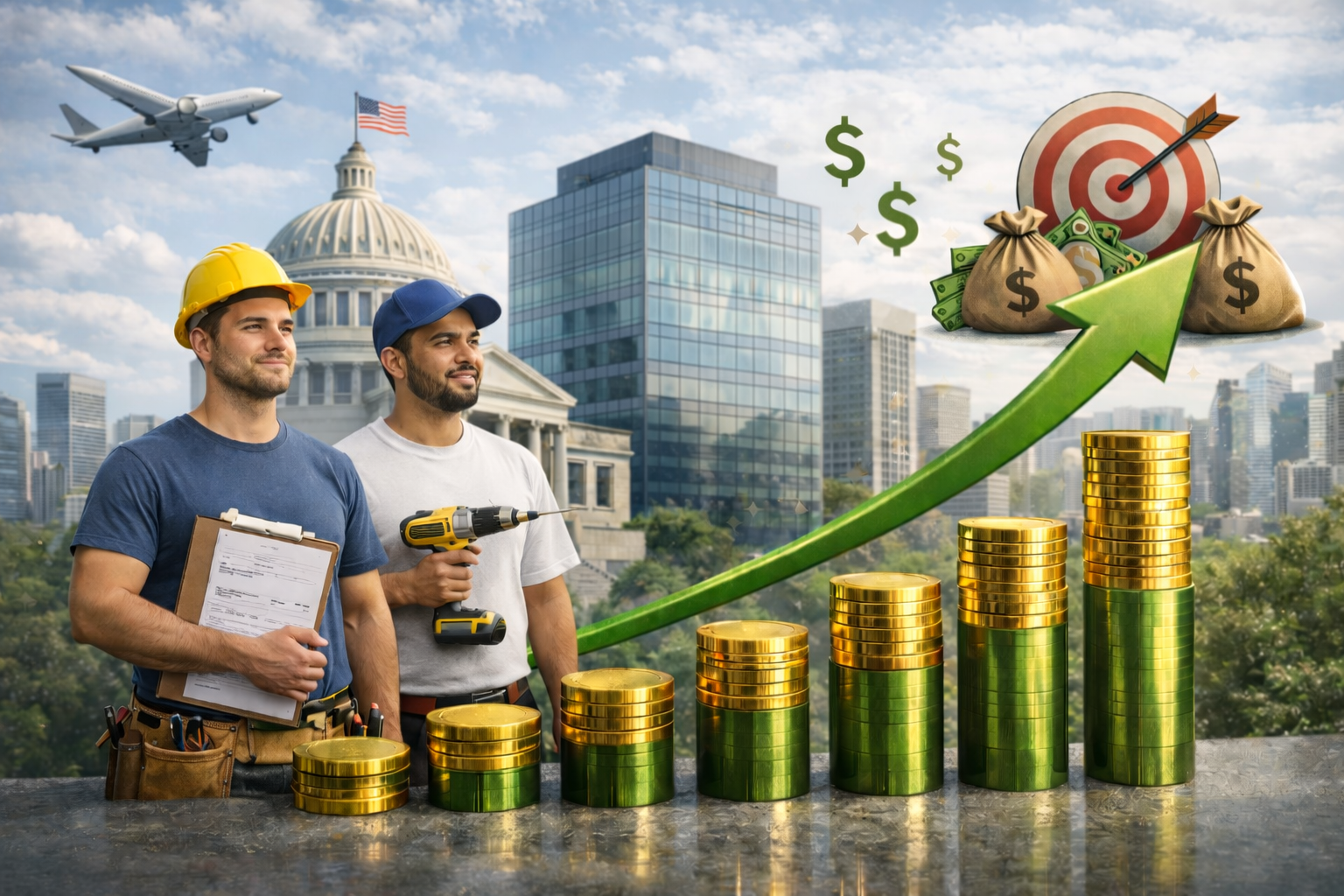 Two construction workers, one with a clipboard and the other with a drill, standing in front of a cityscape with a government building, with stacks of gold and green coins rising in height, a green arrow pointing upward, dollar signs, bags of money, and a target with an arrow hitting the bullseye in the background.
