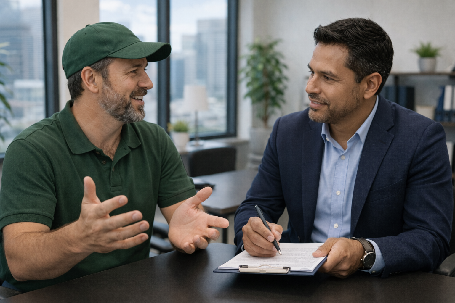 A man in a green polo shirt and cap discusses exit planning with a man in a suit, holding a pen and a clipboard, in an office setting.