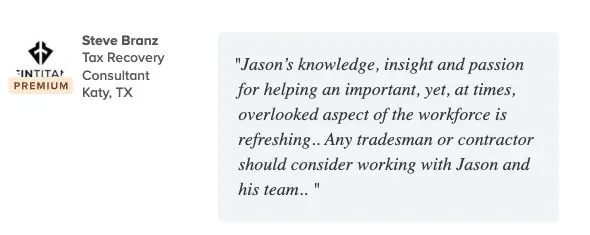 Business card and quote from Steve Branz, Tax Recovery Consultant, Katy, TX, with logo and company name.