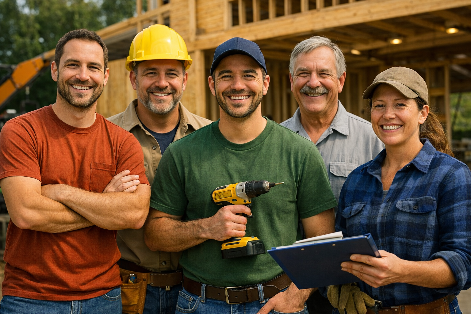 Group of five tradesmen smiling at a building site, one holding a cordless drill, all dressed in casual work attire with some wearing hats or helmets.