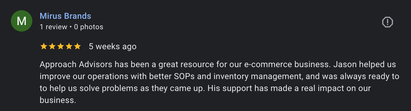 Screenshot of a Google review for Approach Advisors, showing a five-star rating, posted five weeks ago, praising Jason's support in improving e-commerce operations.