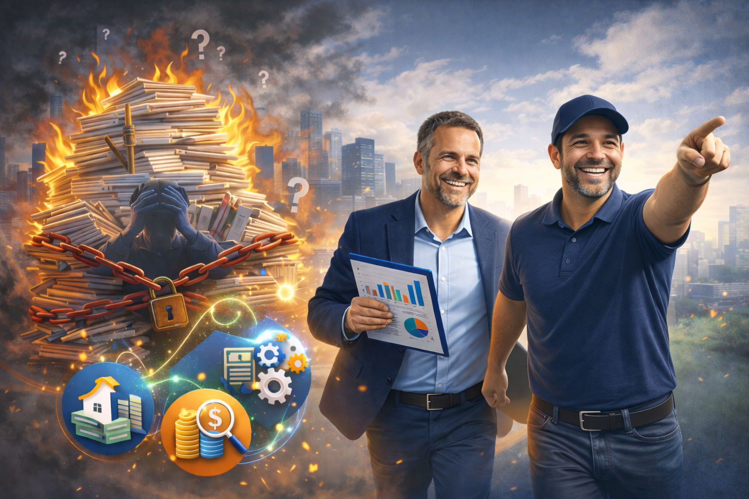 Two smiling business professionals walking in a city with a background of a cityscape and a fiery scene containing a large pile of papers, a person chained and holding their head, with question marks and a padlock, symbolizing stress or restrictions, along with icons representing a house, money, and gears.