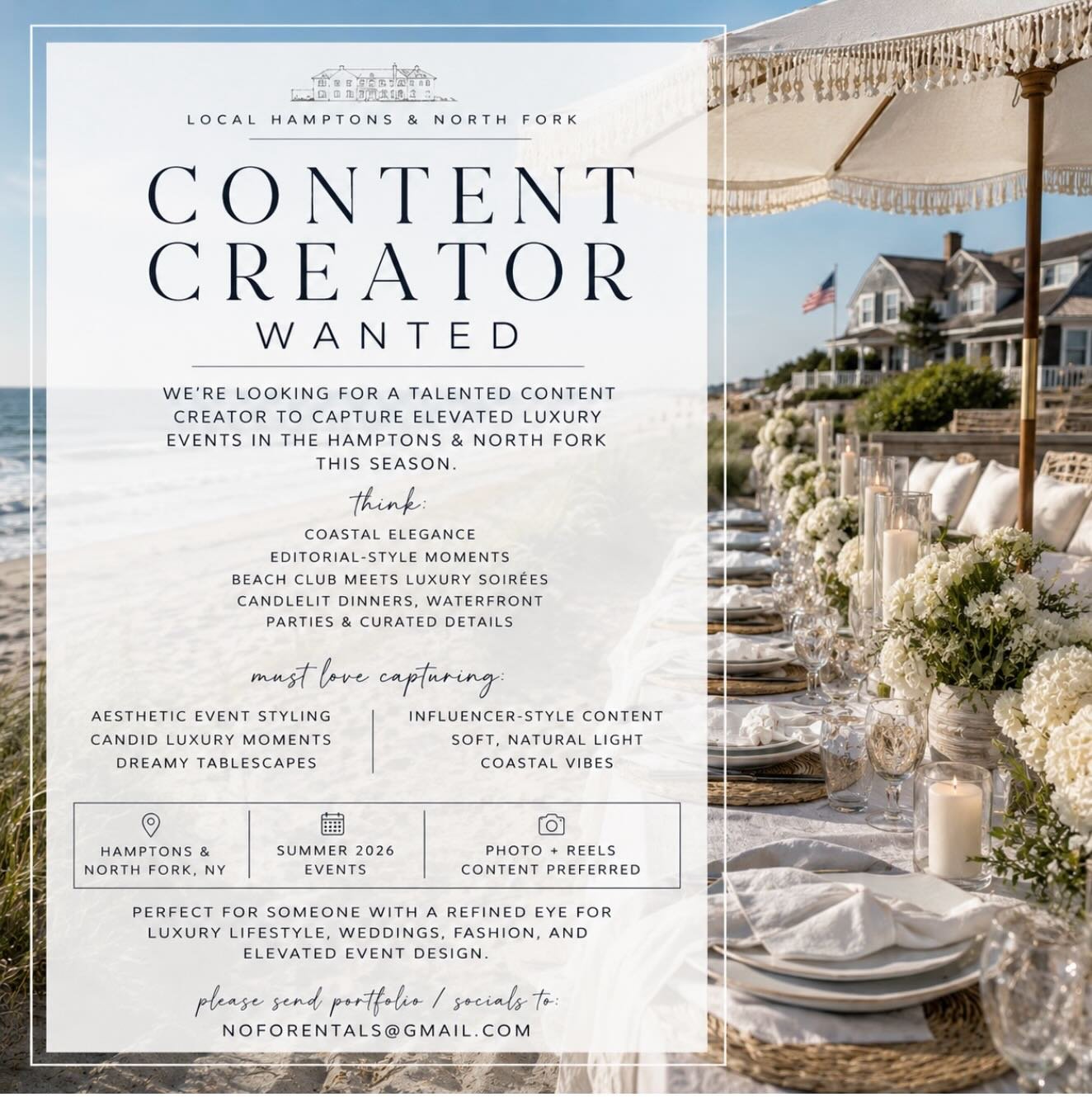 Calling all creatives with an eye for luxury moments ✨

We&rsquo;re looking for a local Hamptons &amp; North Fork content creator to capture elevated events this season &mdash; from waterfront dinners and curated markets to dreamy beachside celebrati