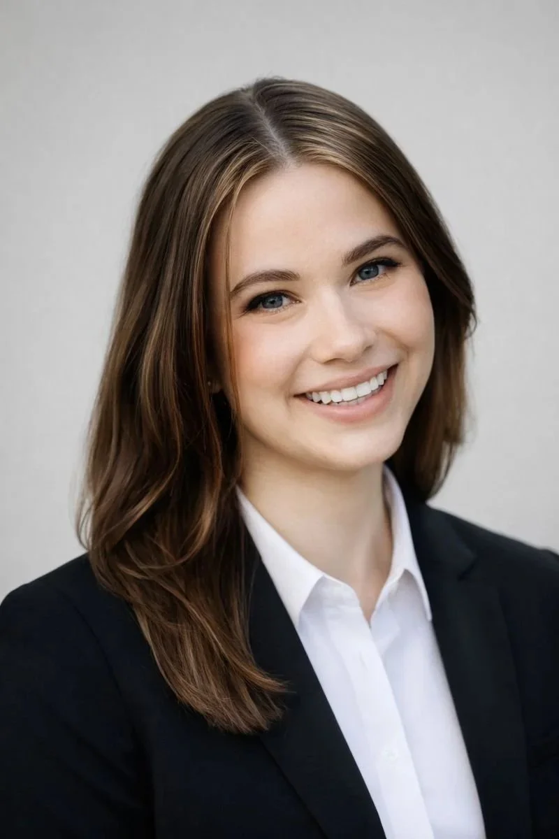 Headshot of a young woman with long brown hair, smiling, wearing a black blazer and white shirt against a neutral background.