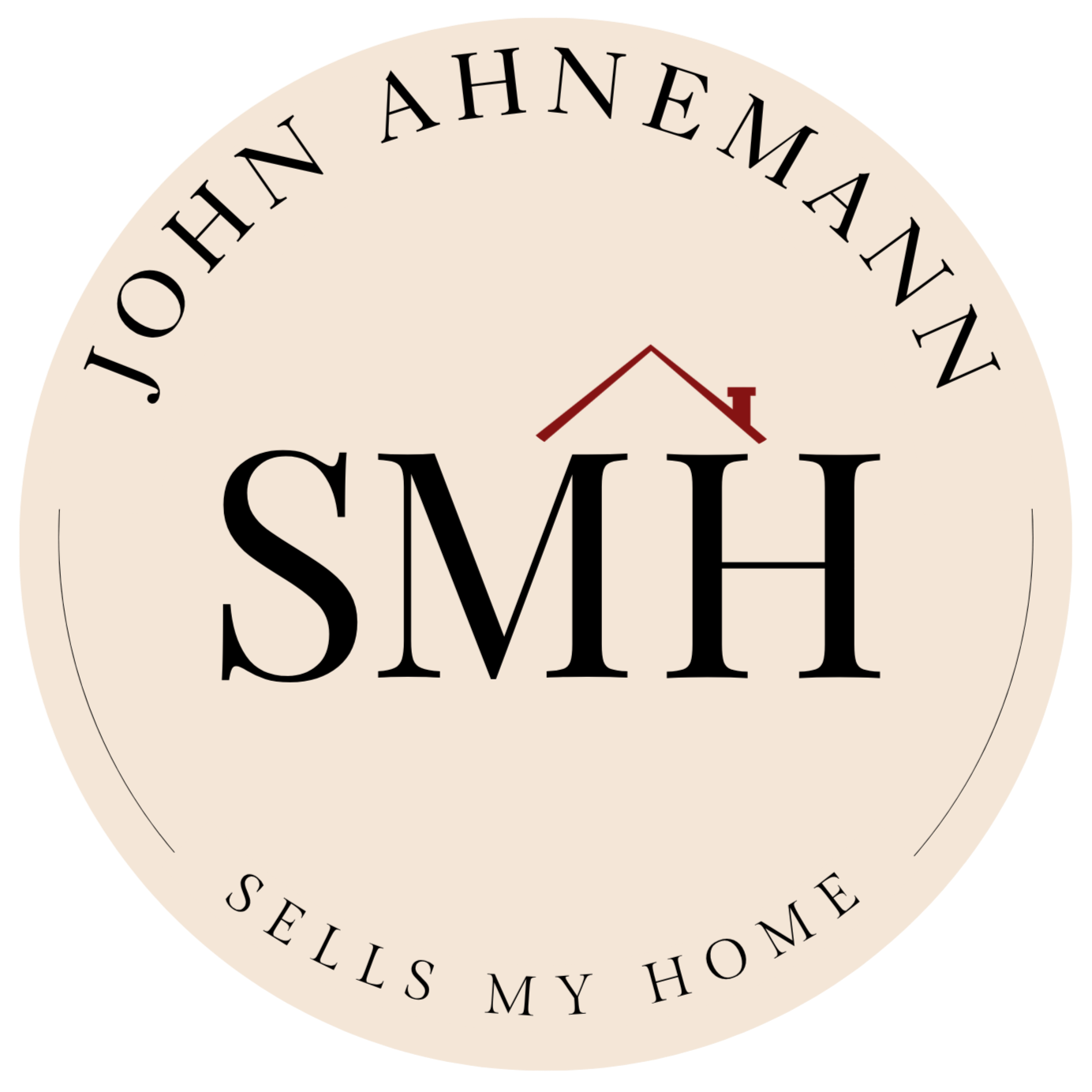 A circular logo with beige background and black text. The top reads 'JOHN AHNEMANN' in an arc, and the bottom says 'SELLS MY HOME' in an arc. In the center, the acronym 'SMH' is displayed with a simple illustration of a house roof above the letter 'M'.