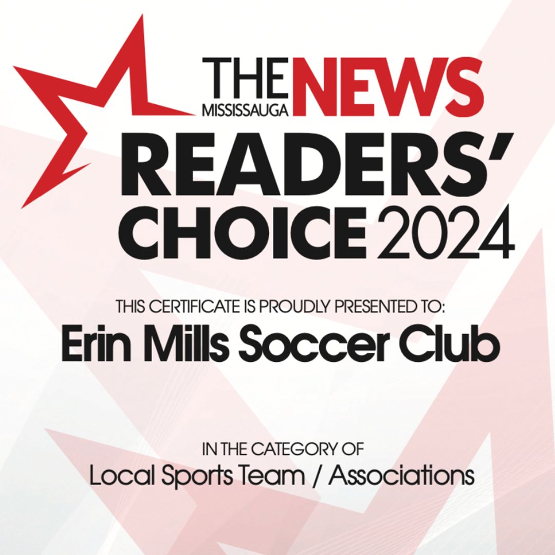The Mississauga News 2024 Readers Choice Award: Erin Mills Soccer Club wins Diamond Award for Local Sports Team/Association.