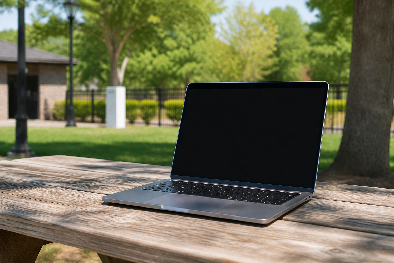 Laptop on Picnic Table