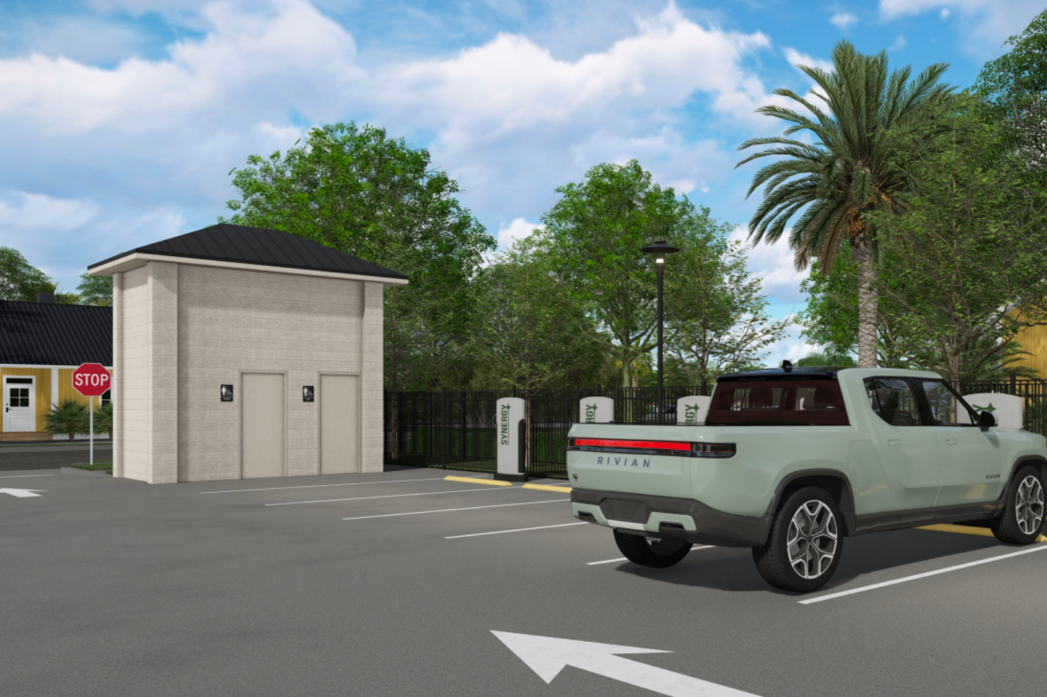 Synergy Parking Lot, View of Bathrooms