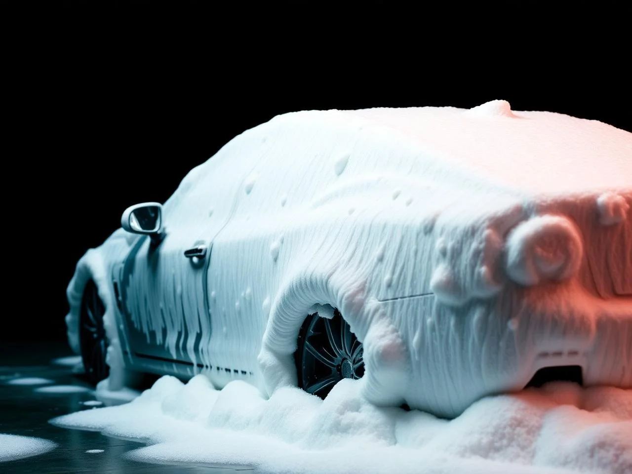 A black luxury car, covered in white foam soap, sitting in a car wash with foam on its surface and foam surrounding its tires.