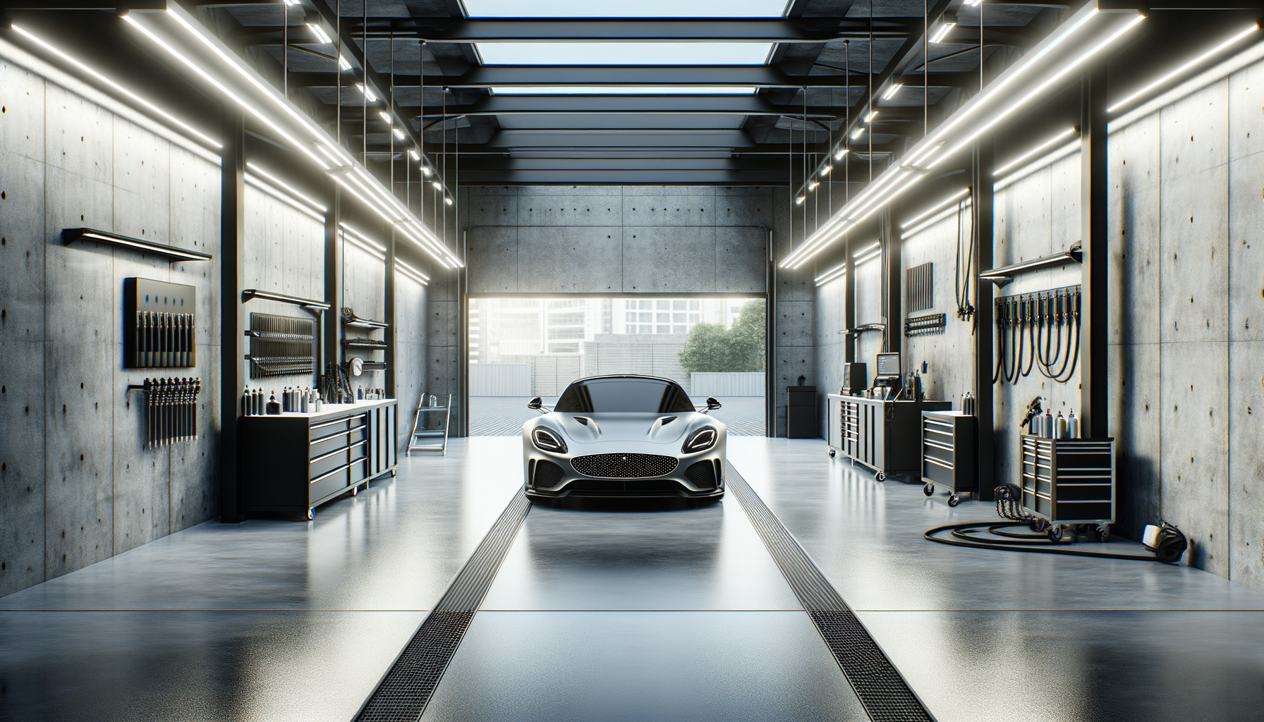 A sleek silver sports car parked inside a modern industrial-style garage with concrete walls, bright overhead lighting, and various tools and equipment along the walls.