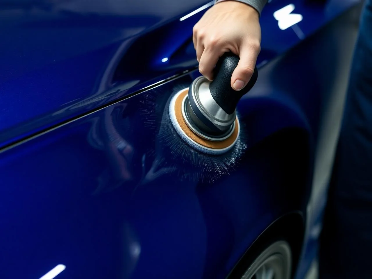 Person polishing a blue car with a power buffer.
