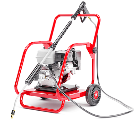 Portable pressure washer with a red metal frame, a gray gasoline engine, a spray wand, and wheels for mobility.