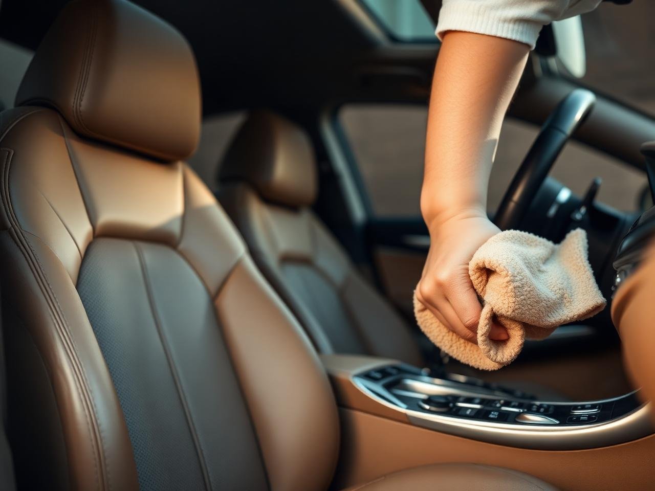 Person cleaning the interior of a car with a cloth, focusing on the beige front seats.