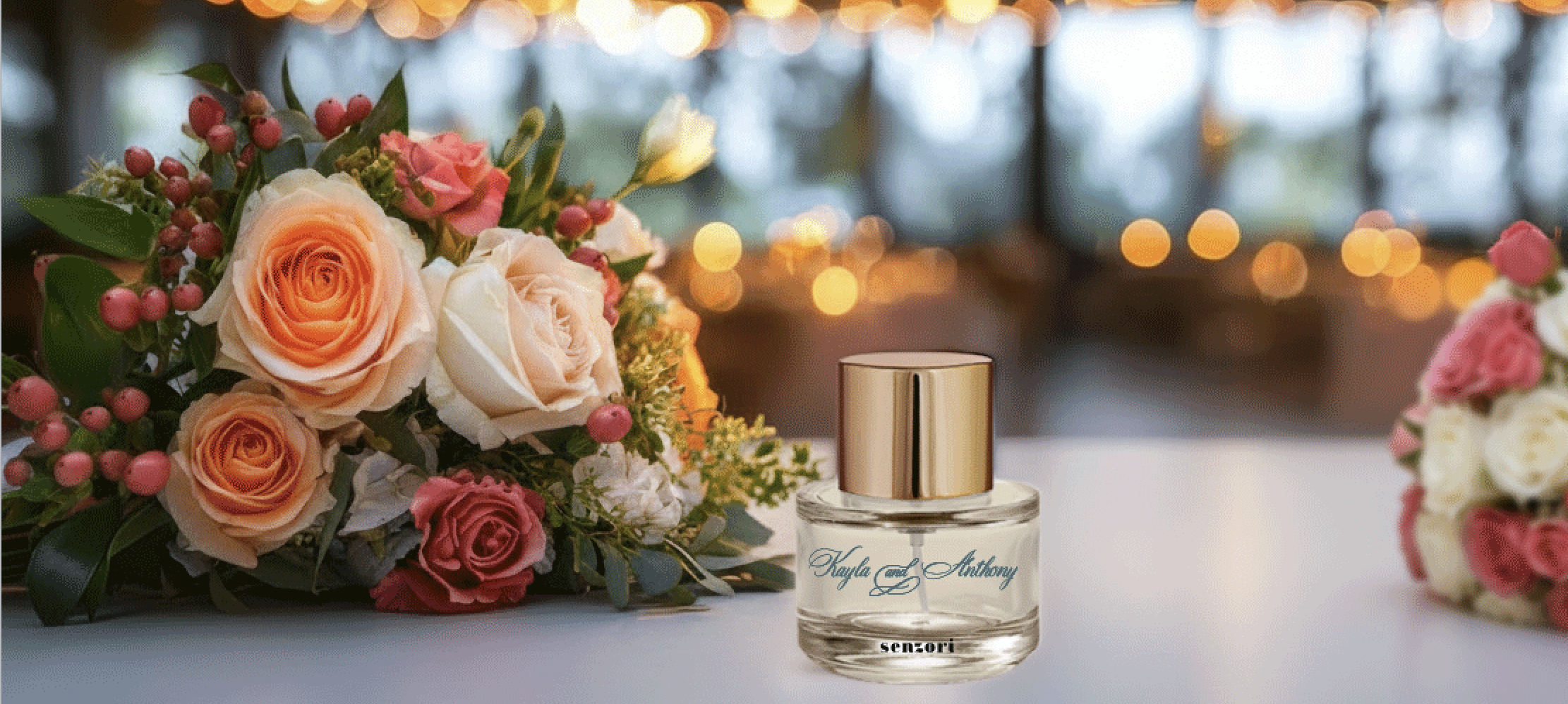 Personalized fragrance bottle displayed with pink and white flowers at a wedding celebration.